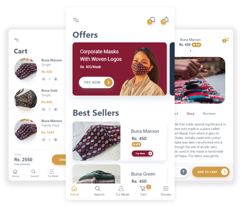 Mobile mock-ups of a nepali dhaka mask e-commerce platform